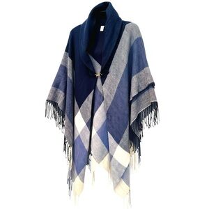 Versona Open Front Buckle Closure Blue Plaid Acrylic Fringed Shawl-Poncho-Wrap